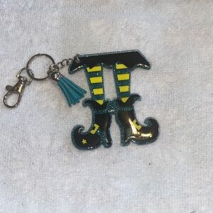 Witch Legs Keychain with Teal and Yellow Stripes